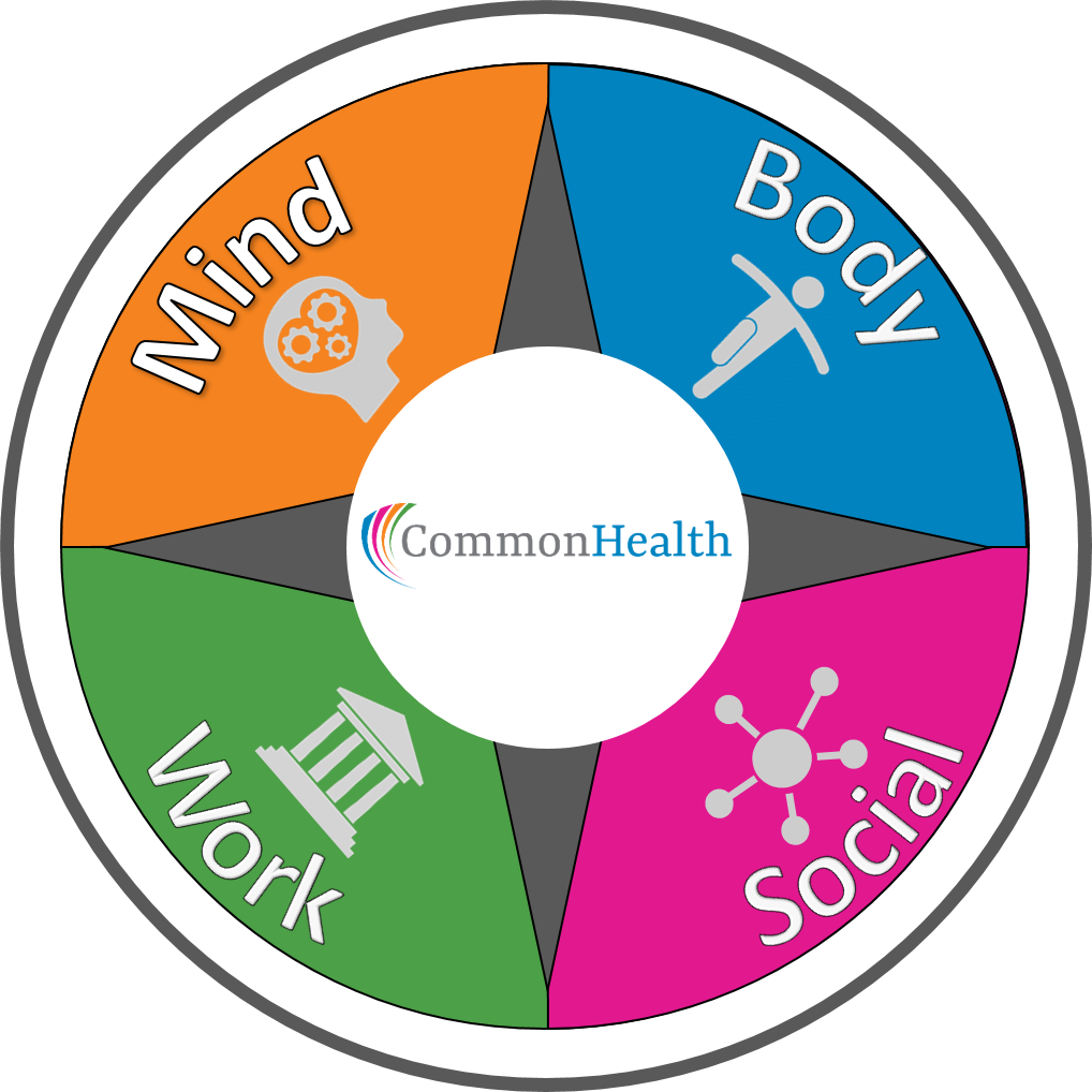 CommonHealth wheel in mind, body, social and work sections 
