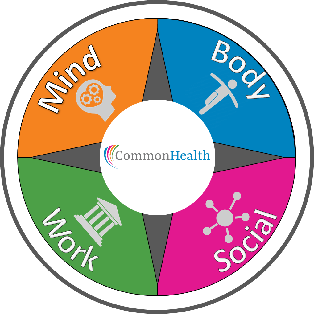 CommonHealth wheel in mind, body, social and work sections 